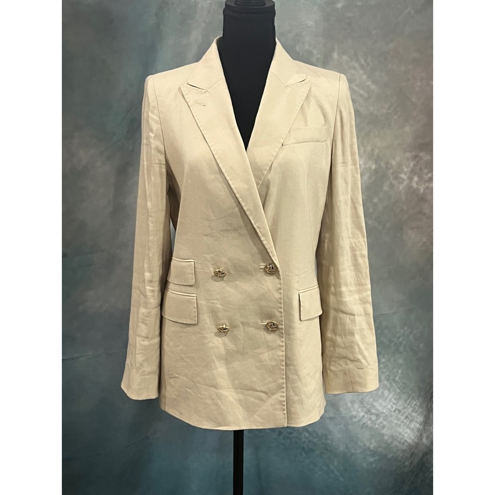 Antonio Melani Womens Beige Linen Blend Double Breasted Blazer Gold Buttons Sz 8